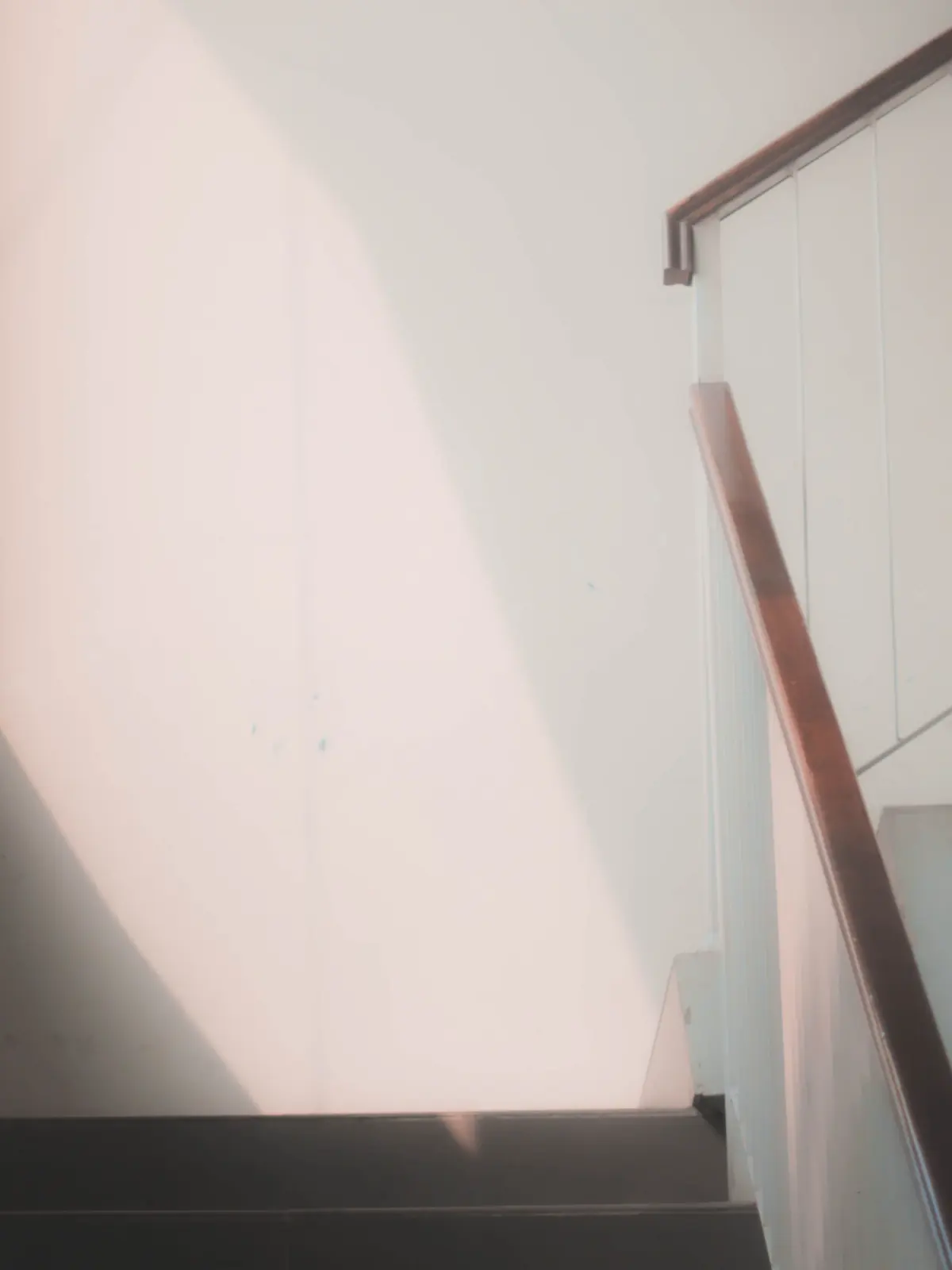 淡い桜色の壁にそって上がる階段。踊り場の窓から光が入っている